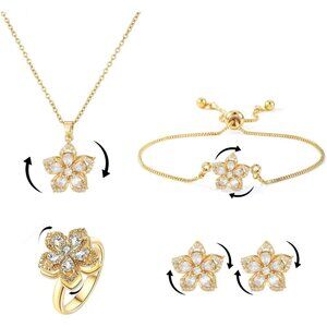 Women's White Gold Four Piece Set Flower Rotatable Crystal Pendant Necklaces